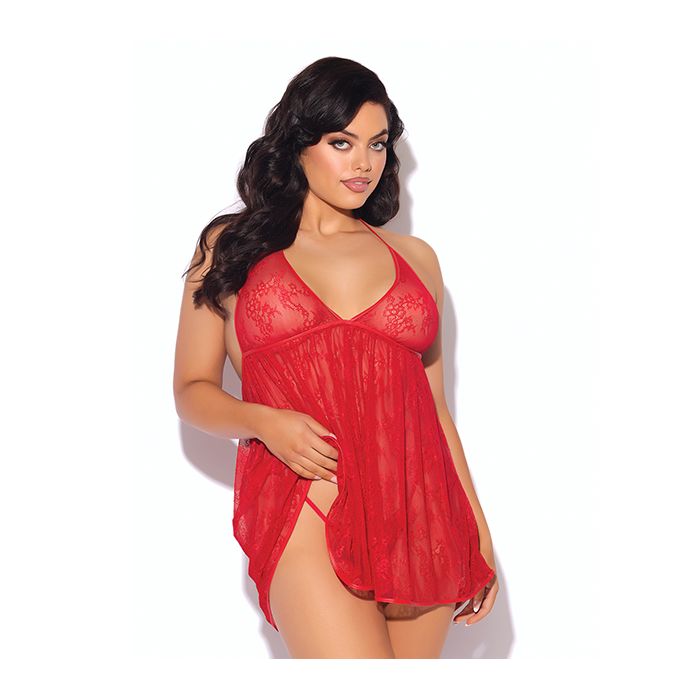 Kiki Lace Halter Babydoll w/Open Back & Thong - Red