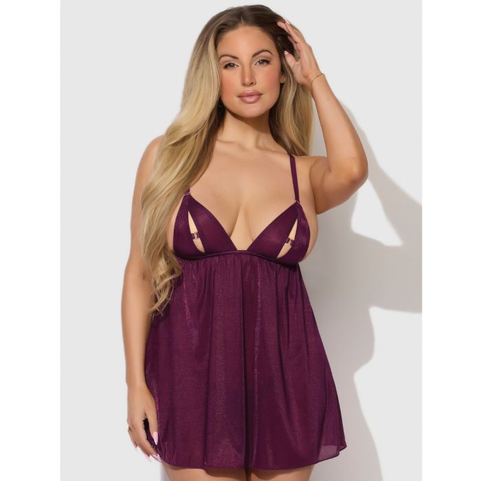 Yasmine Shimmer Mesh O-Ring Slit Cup Babydoll & G-String Set - Burgundy